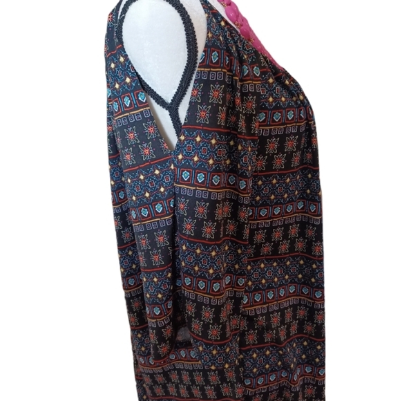 Boho Cold shoulder top blouse stretchy summer, multicolor print. - Picture 2 of 4